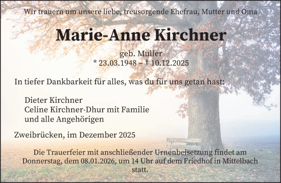 Todesanzeige von Marie-Anne Kirchner von saarbruecker_zeitung