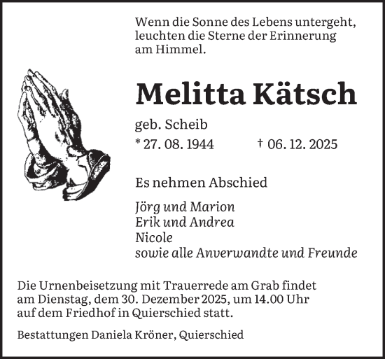 Todesanzeige von Melitta Kätsch von saarbruecker_zeitung