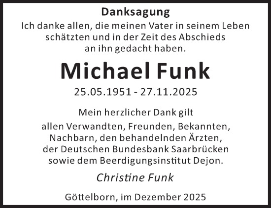 Todesanzeige von Michael Funk von saarbruecker_zeitung