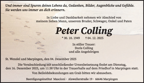 Todesanzeige von Peter Colling von saarbruecker_zeitung