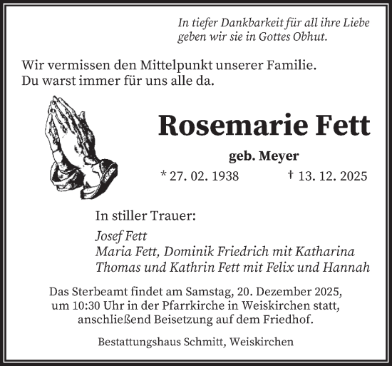 Todesanzeige von Rosemarie Fett von saarbruecker_zeitung