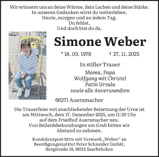 Todesanzeige von Simone Weber von saarbruecker_zeitung