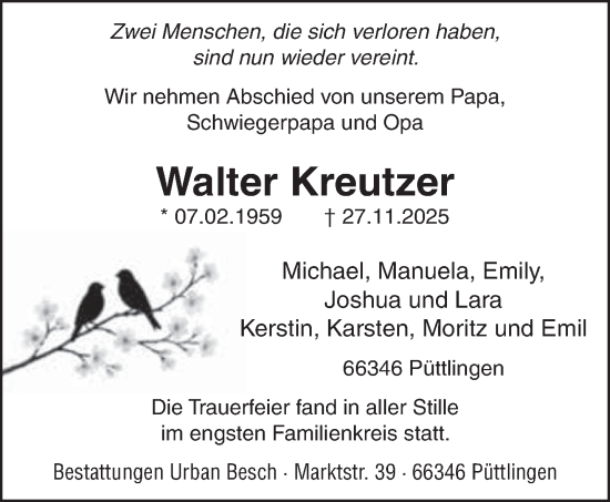 Todesanzeige von Walter Kreutzer von saarbruecker_zeitung