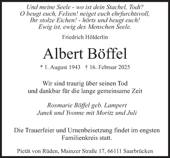 Todesanzeige von Albert Böffel von saarbruecker_zeitung