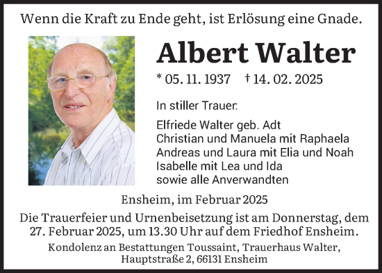 Todesanzeige von Albert Walter von saarbruecker_zeitung