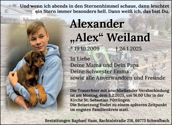 Todesanzeige von Alexander Weiland von saarbruecker_zeitung