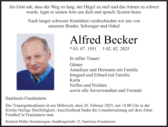 Todesanzeige von Alfred Becker von saarbruecker_zeitung