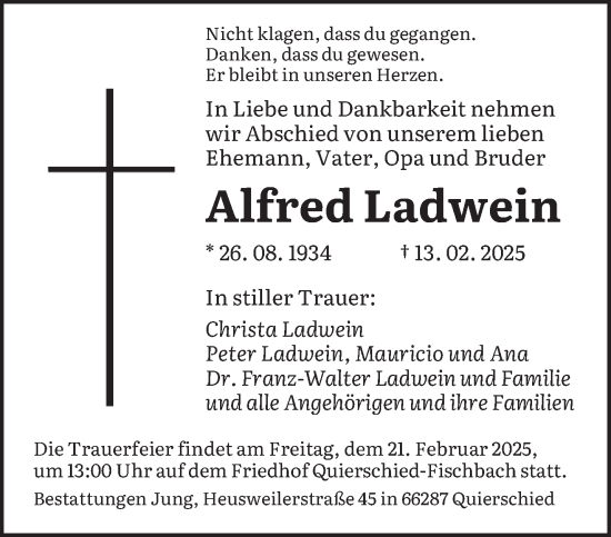 Todesanzeige von Alfred Ladwein von saarbruecker_zeitung