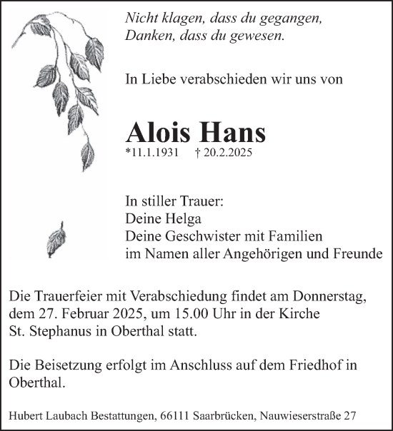 Todesanzeige von Alois Hans von saarbruecker_zeitung