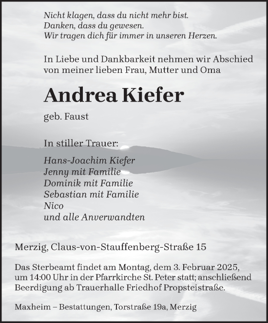 Todesanzeige von Andrea Kiefer von saarbruecker_zeitung