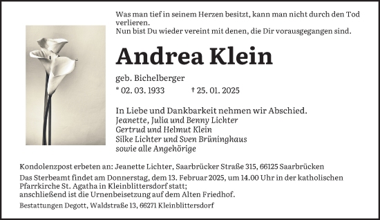 Todesanzeige von Andrea Klein von saarbruecker_zeitung
