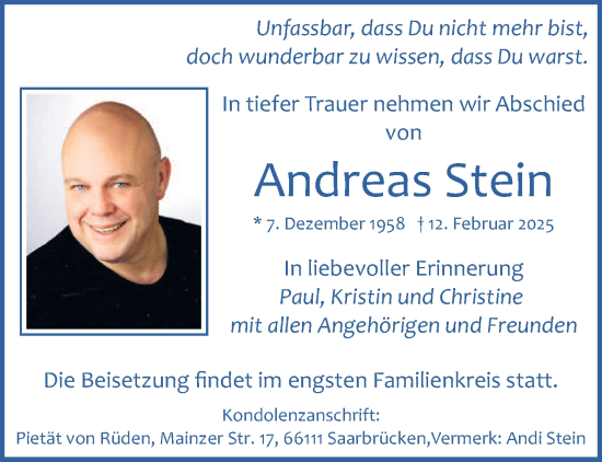 Todesanzeige von Andreas Stein von saarbruecker_zeitung