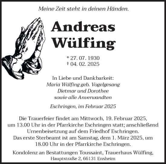 Todesanzeige von Andreas Wülfing von saarbruecker_zeitung