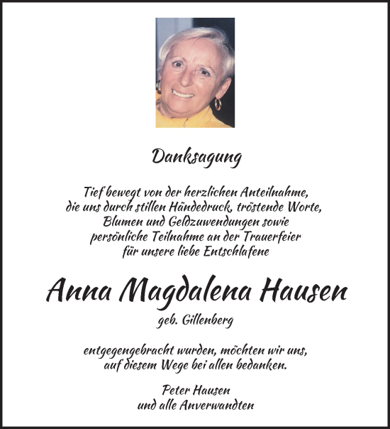 Todesanzeige von Anna Magdalena Hausen von saarbruecker_zeitung