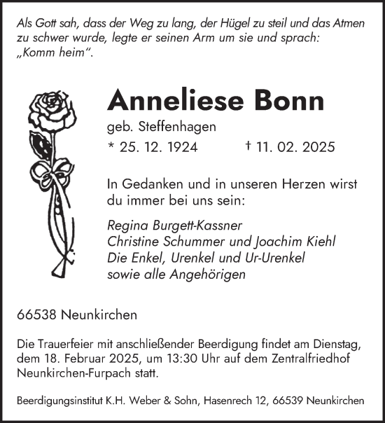 Todesanzeige von Anneliese Bonn von saarbruecker_zeitung