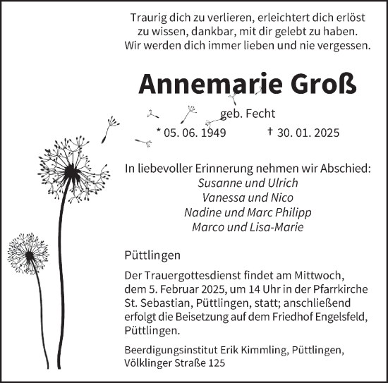 Todesanzeige von Annemarie Groß von saarbruecker_zeitung