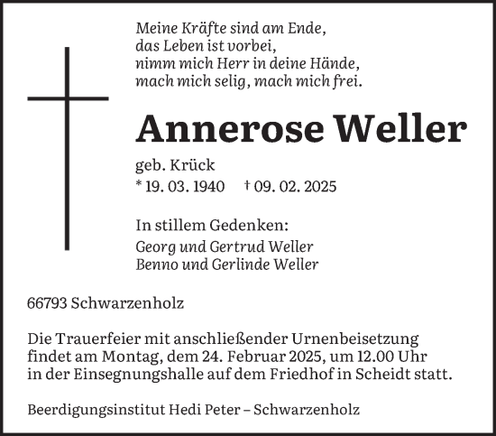 Todesanzeige von Annerose Weller von saarbruecker_zeitung