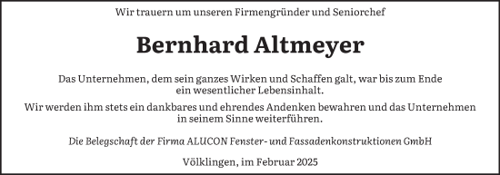 Todesanzeige von Bernhard Altmeyer von saarbruecker_zeitung