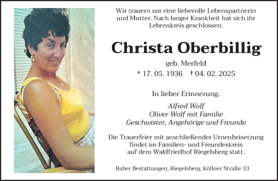 Todesanzeige von Christa Oberbillig von saarbruecker_zeitung