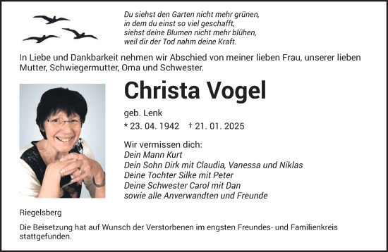 Todesanzeige von Christa Vogel von saarbruecker_zeitung