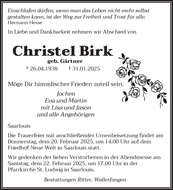 Todesanzeige von Christel Birk von saarbruecker_zeitung