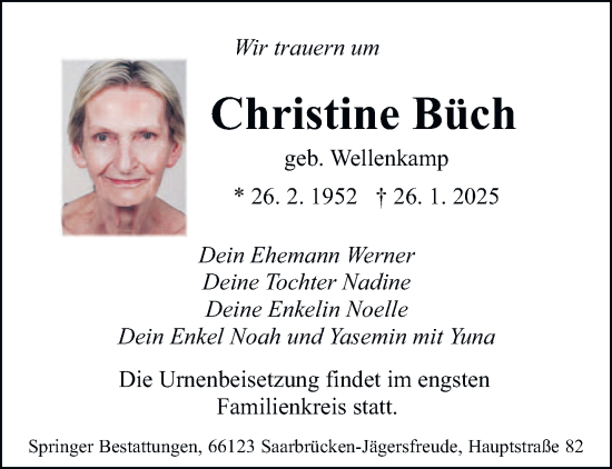 Todesanzeige von Christine Büch von saarbruecker_zeitung