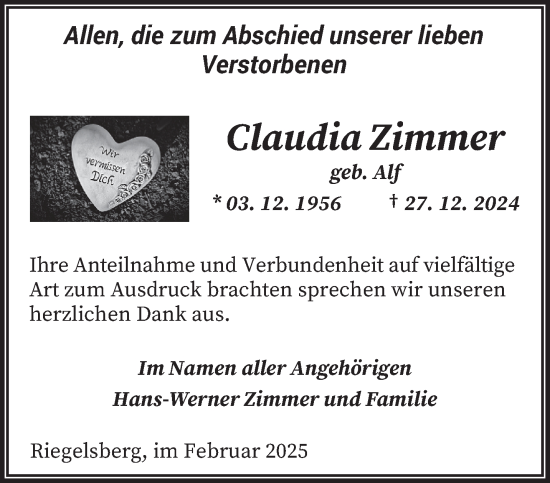 Todesanzeige von Claudia Zimmer von saarbruecker_zeitung