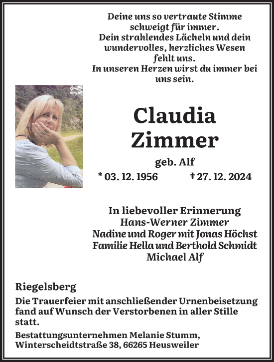 Todesanzeige von Claudia Zimmer von saarbruecker_zeitung