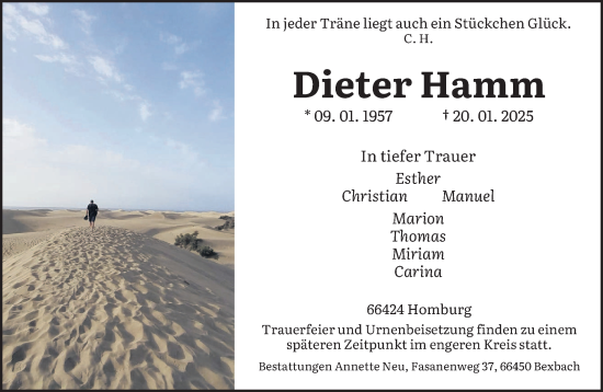 Todesanzeige von Dieter Hamm von saarbruecker_zeitung