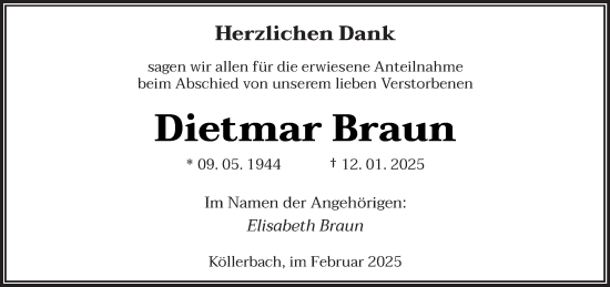 Todesanzeige von Dietmar Braun von saarbruecker_zeitung