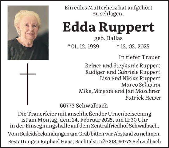 Todesanzeige von Edda Ruppert von saarbruecker_zeitung