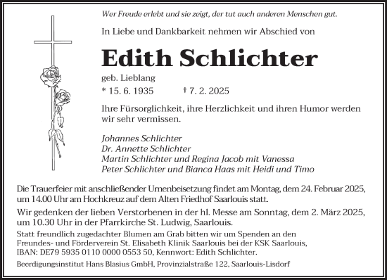 Todesanzeige von Edith Schlichter von saarbruecker_zeitung