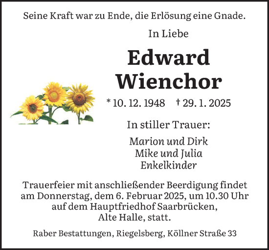 Todesanzeige von Edward Wienchor von saarbruecker_zeitung