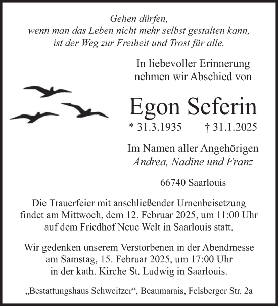 Todesanzeige von Egon Seferin von saarbruecker_zeitung