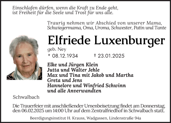 Todesanzeige von Elfriede Luxenburger von saarbruecker_zeitung