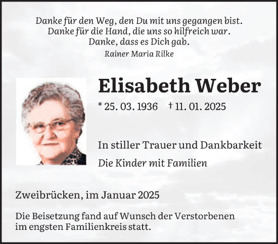 Todesanzeige von Elisabeth Weber von saarbruecker_zeitung