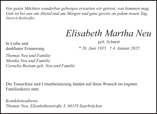 Todesanzeige von Elisabeth Martha Neu von saarbruecker_zeitung