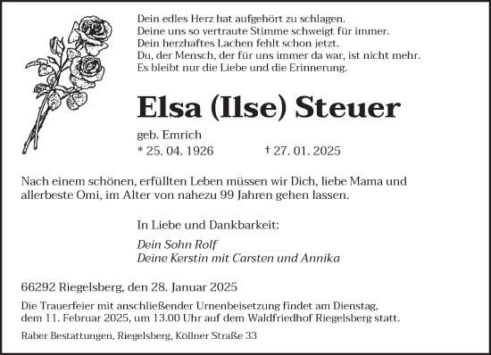 Todesanzeige von Elsa Steuer von saarbruecker_zeitung