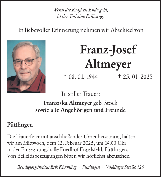 Todesanzeige von Franz-Josef Altmeyer von saarbruecker_zeitung