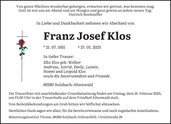 Todesanzeige von Franz Josef Klos von saarbruecker_zeitung