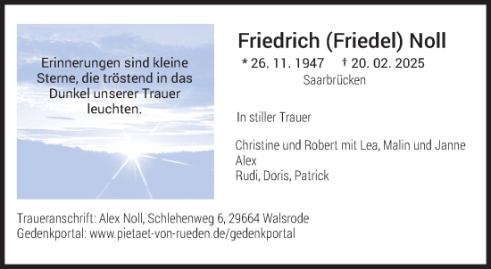 Todesanzeige von Friedrich Noll von saarbruecker_zeitung