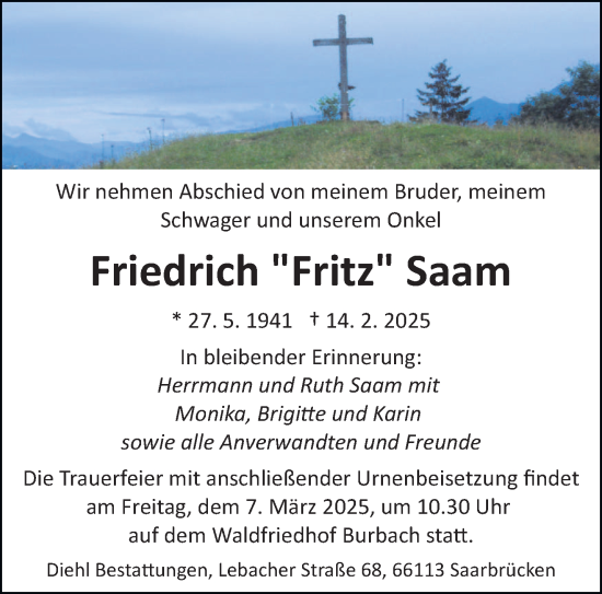 Todesanzeige von Friedrich Saam von saarbruecker_zeitung