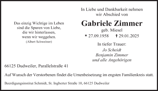 Todesanzeige von Gabriele Zimmer von saarbruecker_zeitung