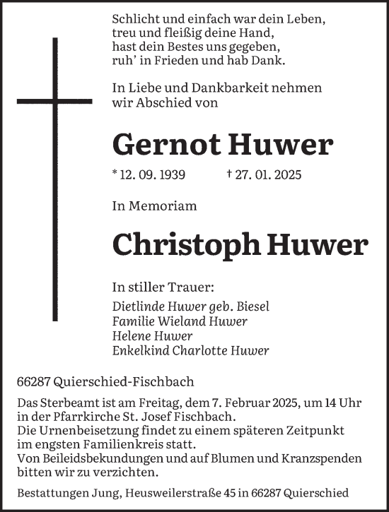 Todesanzeige von Gernot Huwer von saarbruecker_zeitung