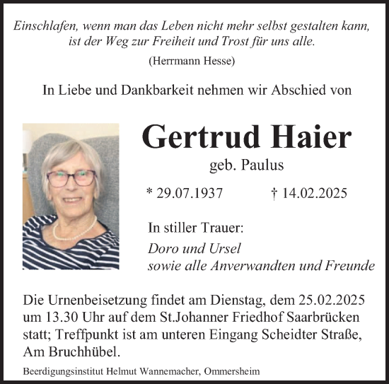 Todesanzeige von Gertrud Haier von saarbruecker_zeitung