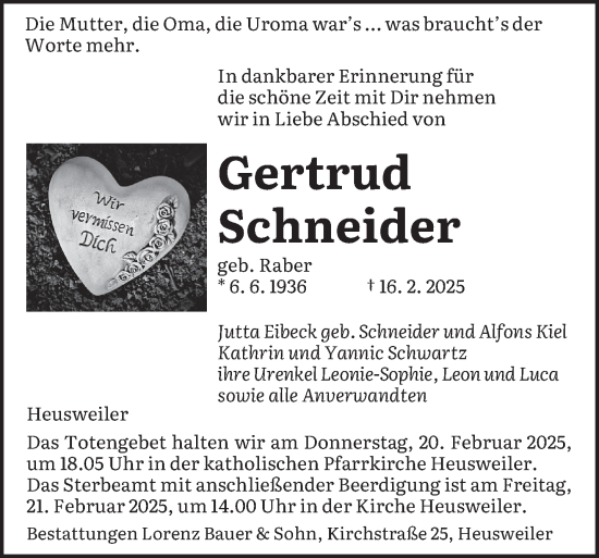 Todesanzeige von Gertrud Schneider von saarbruecker_zeitung