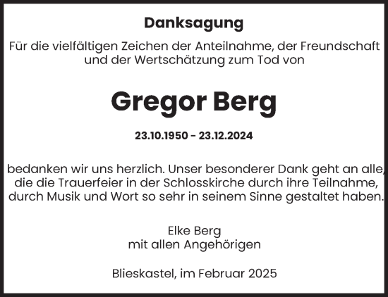 Todesanzeige von Gregor Berg von saarbruecker_zeitung