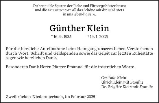 Todesanzeige von Günther Klein von saarbruecker_zeitung