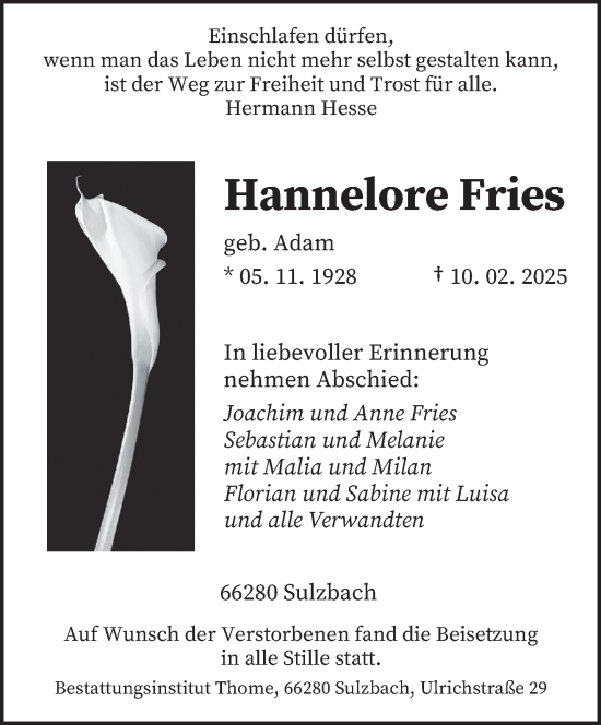 Todesanzeige von Hannelore Fries von saarbruecker_zeitung
