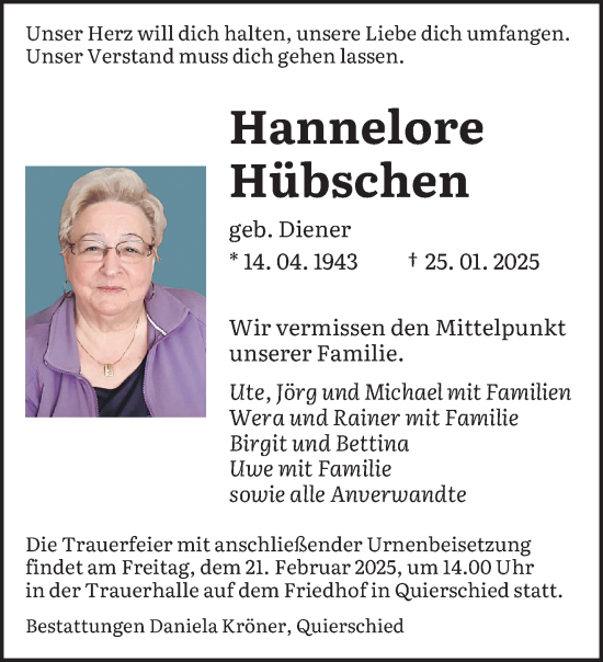 Todesanzeige von Hannelore Hübschen von saarbruecker_zeitung